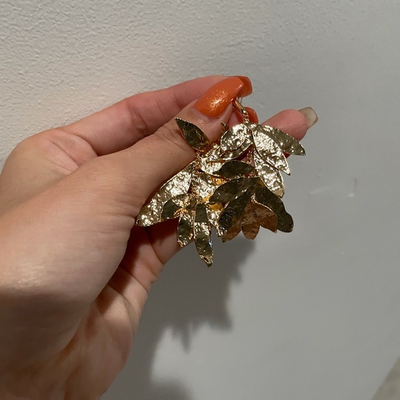 Golden Metal Leaves Statement Earrings - Picture 7 of 7